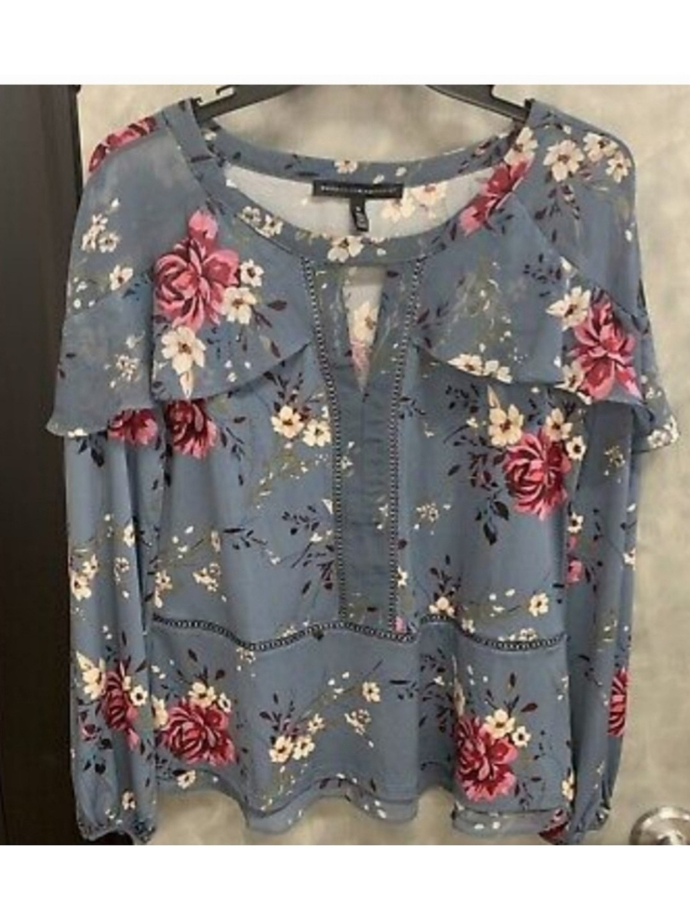 Floral Ruffle Peasant Blouse - Blue with Pink Rose Print